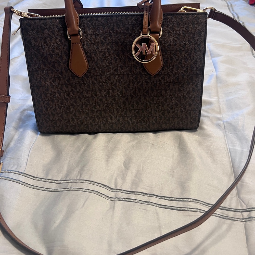 NEW Michael Kors Brown Logo Satchel with Tan Accents - Picture 6 of 9